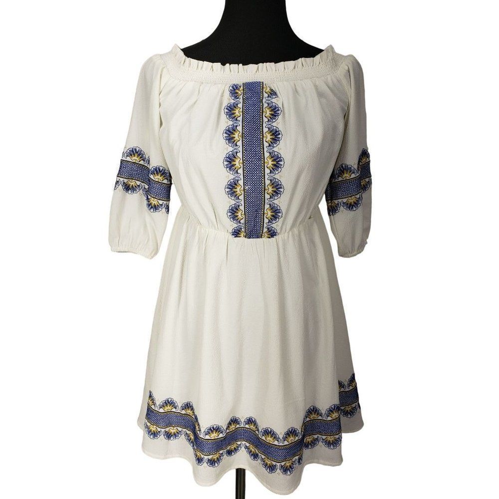 Kaari Blue White Multi Embroidered Off‎ Shoulder Women Swing Dress Size XS